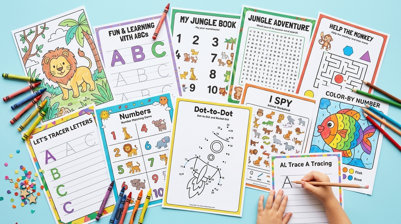Collage of colorful children's activity pages